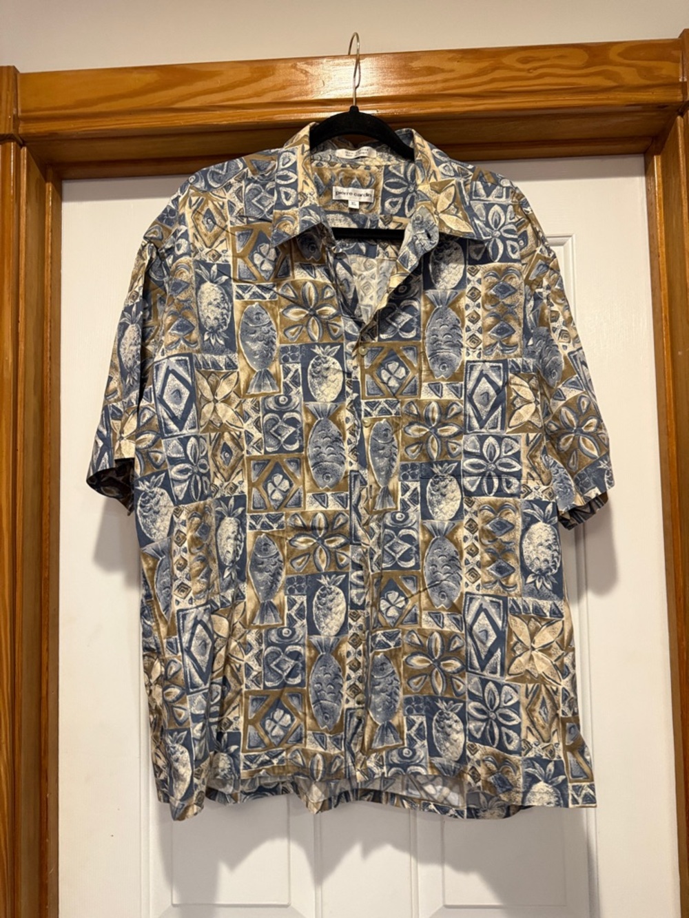 Pierre Cardin Blue and Tan Short-Sleeve Button-Down with Fish & Tile Print